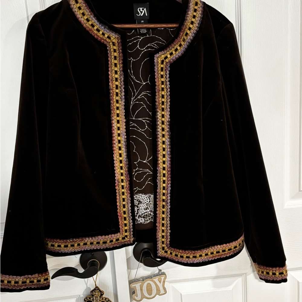 Sax Fifth Avenue Women's  Brown Velvet Jacket with Multicolor Trim size 14